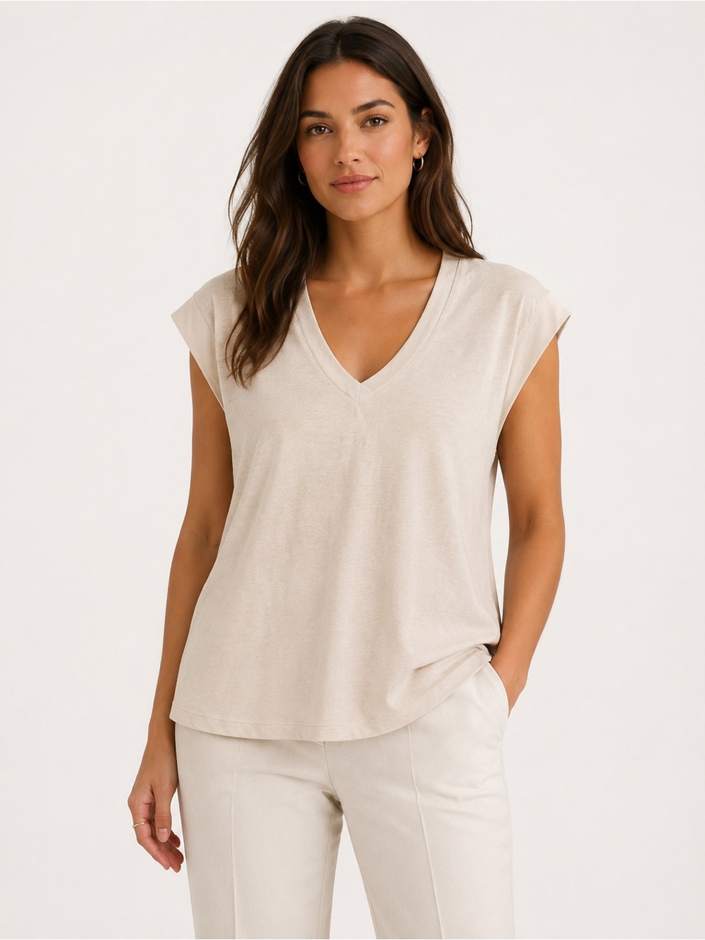 Heartloom V-Neck Cap Sleeve Tank in Light Taupe
